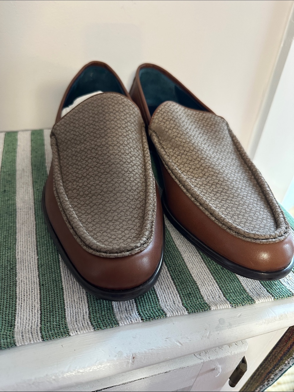 Coach Brown Leather Loafers with Beige Patterned Upper